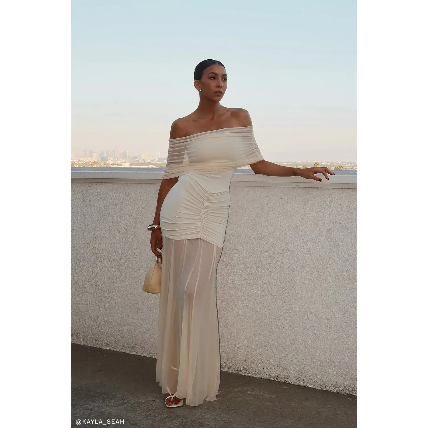 Caspian Slinky And Mesh Off Shoulder Maxi Dress - Ivory