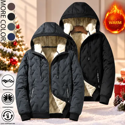 2026 Men's New Fashion Hooded and Velvet Jacket with Long Sleeve, Fleece Inner Lining, Waterproof and Windproof, Unique Texture, Zipper, Essential Solid Color Coat for Autumn and Winter, Daily Leisure, Outdoor Casual Menswear