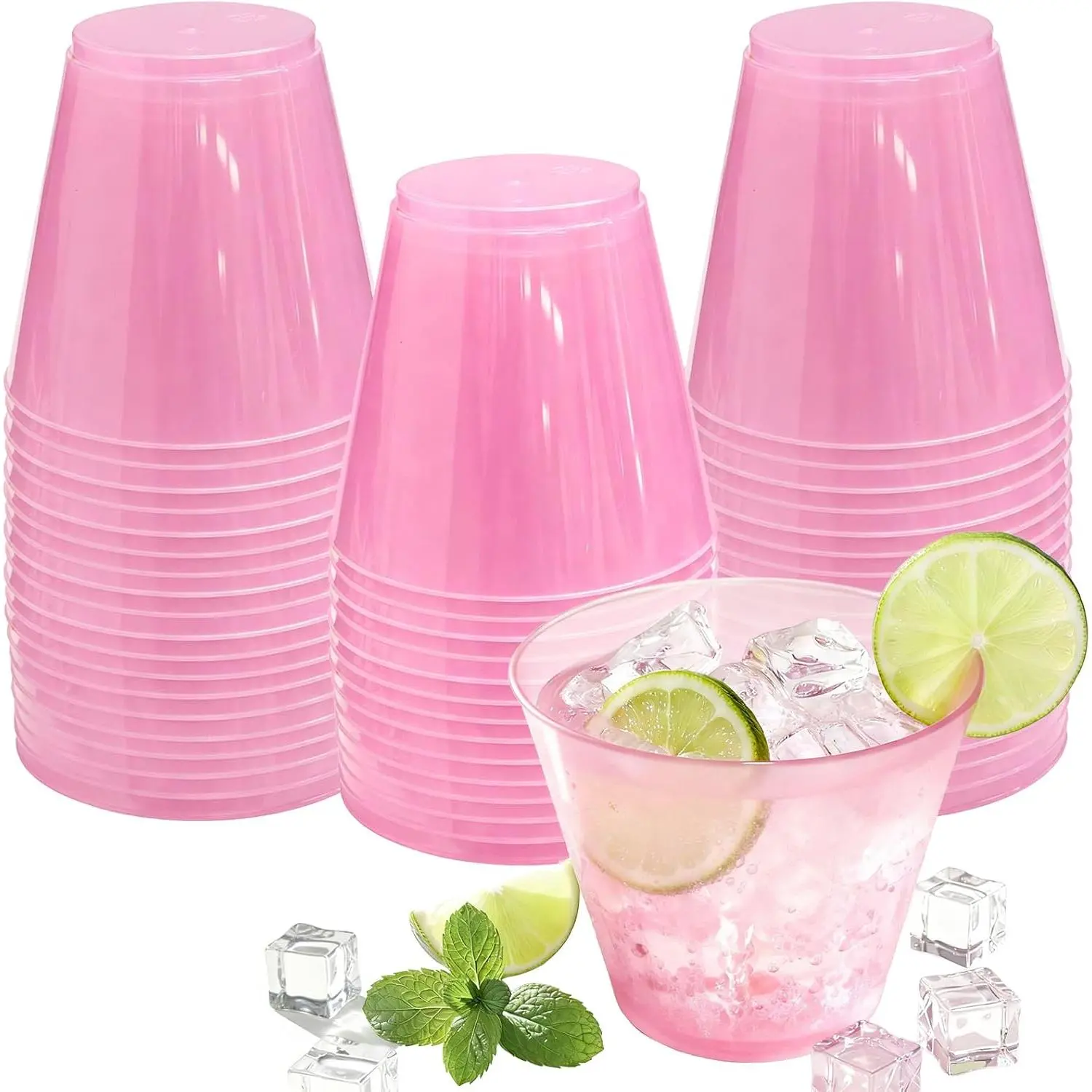 9 oz Clear Plastic Cups Pink Plastic Disposable Mother's Day Cups for Cocktail 50 Pack Fancy Cocktail Cup for Party Stemless Wine Glasses for Party Wedding Graduation Birthday