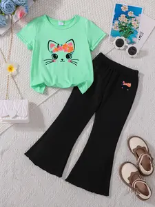 Summer Girls' 2-Piece Set Floral Cat Print Tee + Bell Pants, Cute Style, Loose-Fitting, Perfect for School, Daily Outing, Park, Visiting Friends