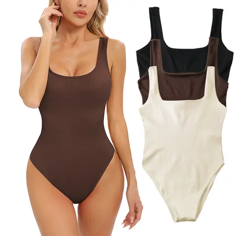 3 Piece Bodysuits Sexy Ribbed Shapewear Square Neck Sleeveless Round Neck Tank Tops Bodysuits