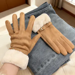 New winter gloves for women, fleece-lined, thickened, warm, windproof, and cold-proof, suitable for outdoor cycling and driving, touchscreen compatible, five fingers.