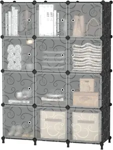 12 Cube Storage Organizer with Doors, DIY Plastic Closet Shelf, Modular Bookshelf, Stackable Shelving Rack for Bedroom, Living Room, Black ULPZ012