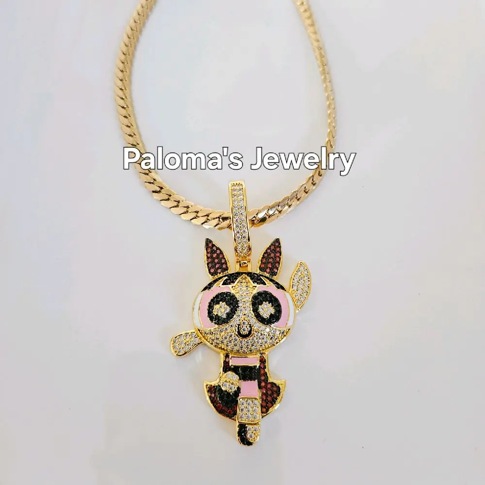 Paloma's Jewelry Cartoon Powerpuff Girls 18k Gold Plated Stainless Steel Necklace Silver Color Hip Hop Pendant with Zircon for Women 50cm Chain Length