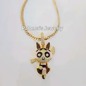Paloma's Jewelry Cartoon Powerpuff Girls 18k Gold Plated Stainless Steel Necklace Silver Color Hip Hop Pendant with Zircon for Women 50cm Chain Length
