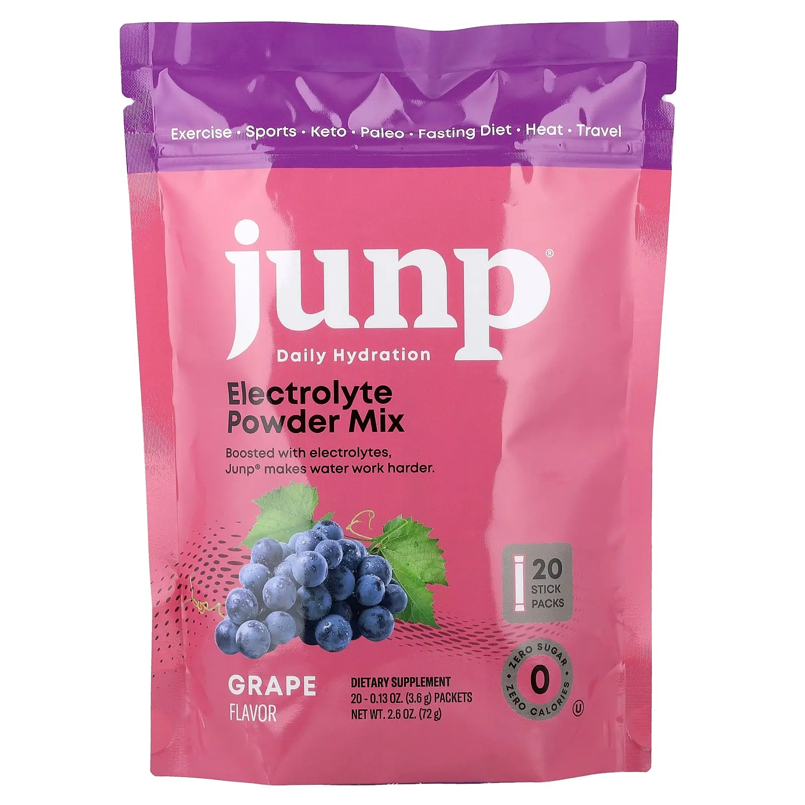 JUNP Hydration Electrolyte Powder Mix, Grape, 20 Stick Packs, 0.13 oz (3.6 g) Each