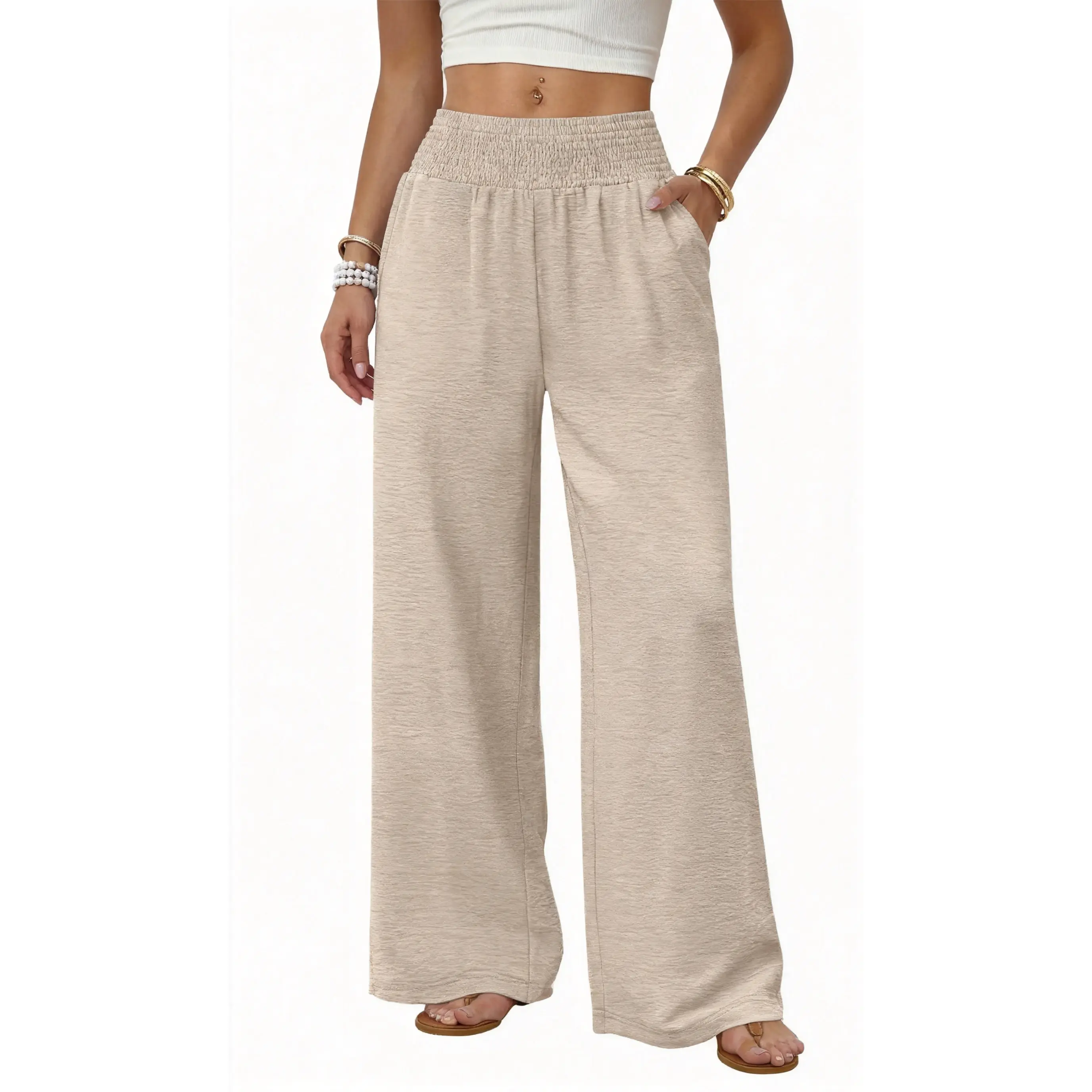 Women's Loose Palazzo Pants, Casual High Waisted Flowy Linen Style Trousers with Pockets for Summer, Beach, and Travel, Oversized, Baggy, Elastic Waist, Linen-Like, Elegance, Multi-Size, Outdoor Jogger Bottoms Leg Pants Lightweight Wide Leg Womenswear Bas
