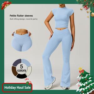 TimeOFF Women's 2-Piece Flutter Sleeve Set, Petite Flutter Sleeves & Butt-Lifting Design, Solves Figure-Enhancing & Stylish Fit Need for Yoga, Fitness Workouts & Active Lifestyle Scenarios,sweatsuit set outfit,loungesetwomen,sweatsuits women