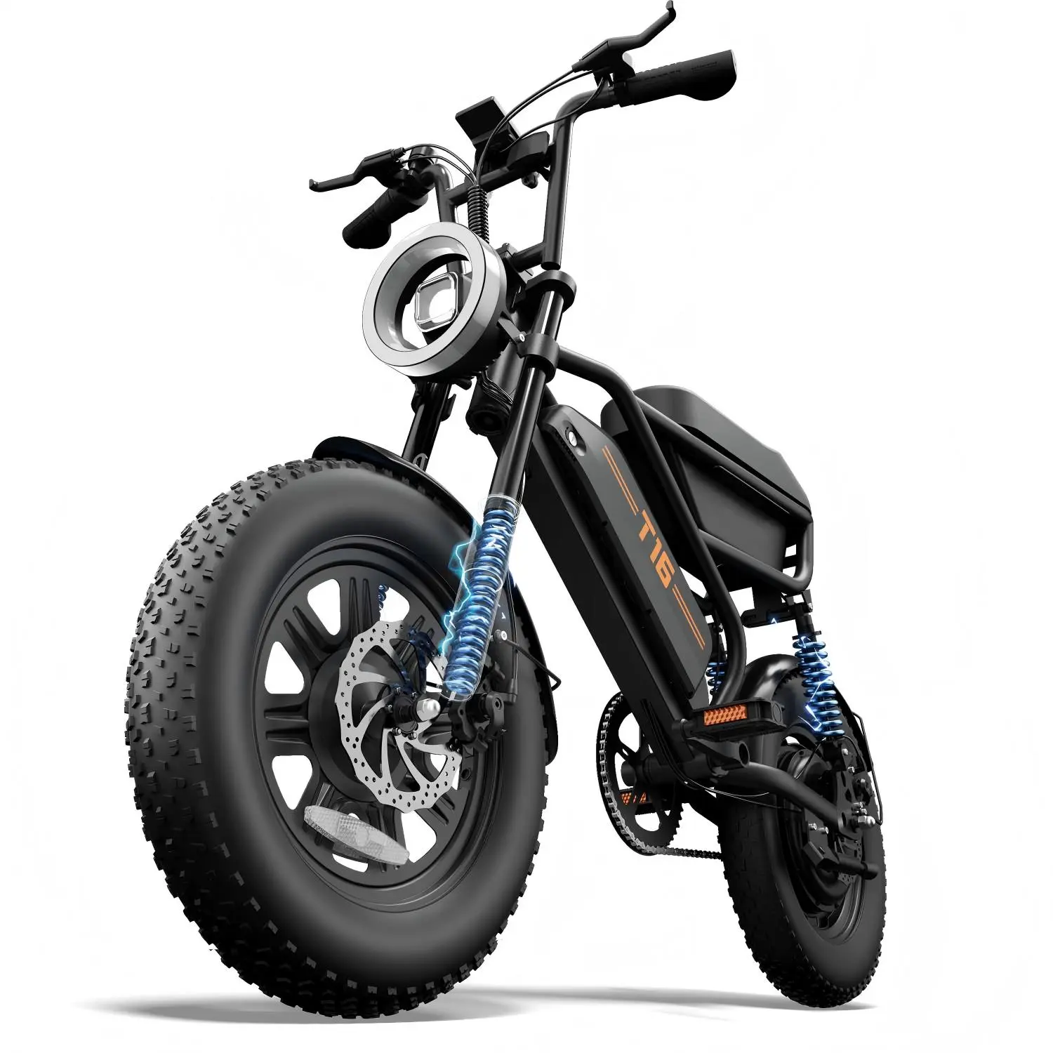 T16 E-bike: Features a 745W motor, 28 mph top speed, 48V 13Ah removable battery, 80-mile range, 16x3.0-inch fat tires, and full suspension; suitable for commuting and off-road riding; includes a storage box.