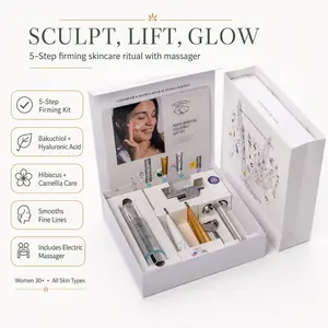 American Flower Cosmetics Sculpt & Glow Lifting Facial Gift Set - 5-Step Firming Cream Skincare Kit with Massager, Bakuchiol, Hyaluronic Acid, Hibiscus, Camellia Extract, Hydrate & Lock Moisture for Women's 30+ All Skin Types