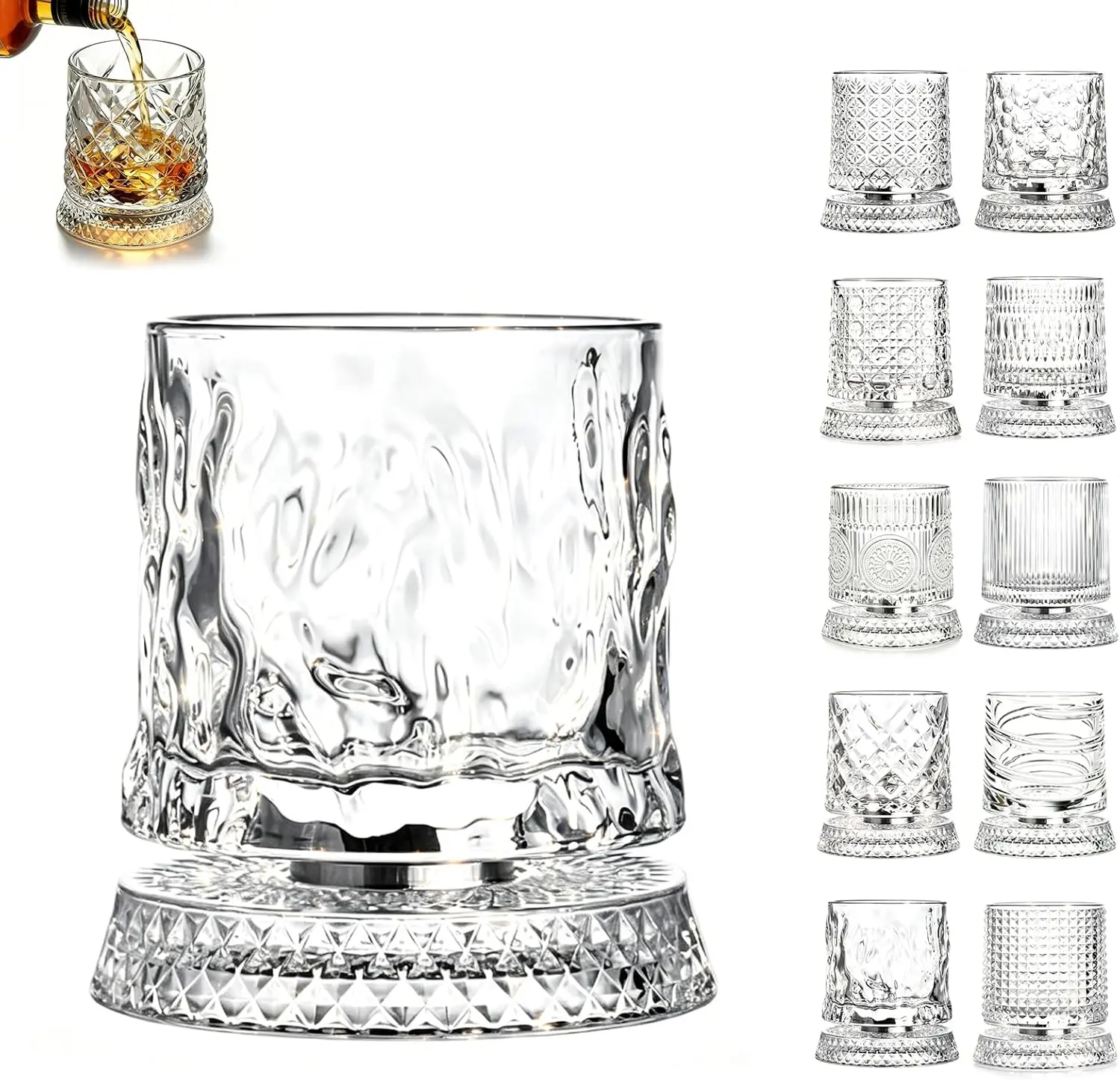 360° Rotating Whiskey Glass Unique Gift for Men Dad (Tree bark) | Degree Spinning Crystal Tumbler for Stress Relief, Heavy Base Kinetic Old Fashioned Glass for Scotch Bourbon