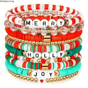 [Christmas Holiday Bracelet Set] 10-Pack Festive Polymer Clay Heishi Stretch Bracelets with Joyful Messages Plastic Bead Jewelry Gift for Women Seasonal Party Accessories