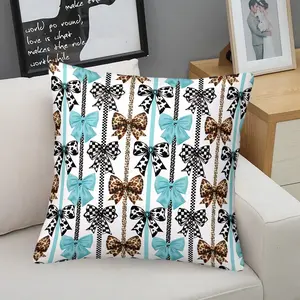 Leopard & Checkered Bow Throw Pillow, 18x18 Inch Turquoise Blue Bow Print Decorative Cushion, Preppy Aesthetic Cuddle Pillow for Girls Bedroom