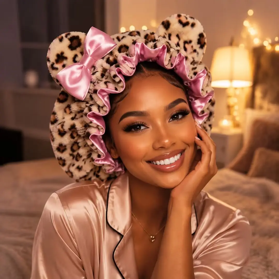 Women's Premium Plush Leopard Satin Bonnet for Sleeping – Double Layer Curly Hair Nightcap with Comfort-Fit Elastic Band & Animal Ears, Haircare, Beauty Products, Hydrating, Gifts For Adulting Women