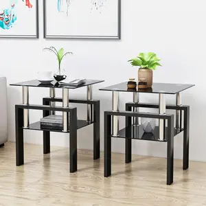 Set of 2, Modern Tempered Glass Tea, Coffee, End Table, Square Table for Living Room, Black