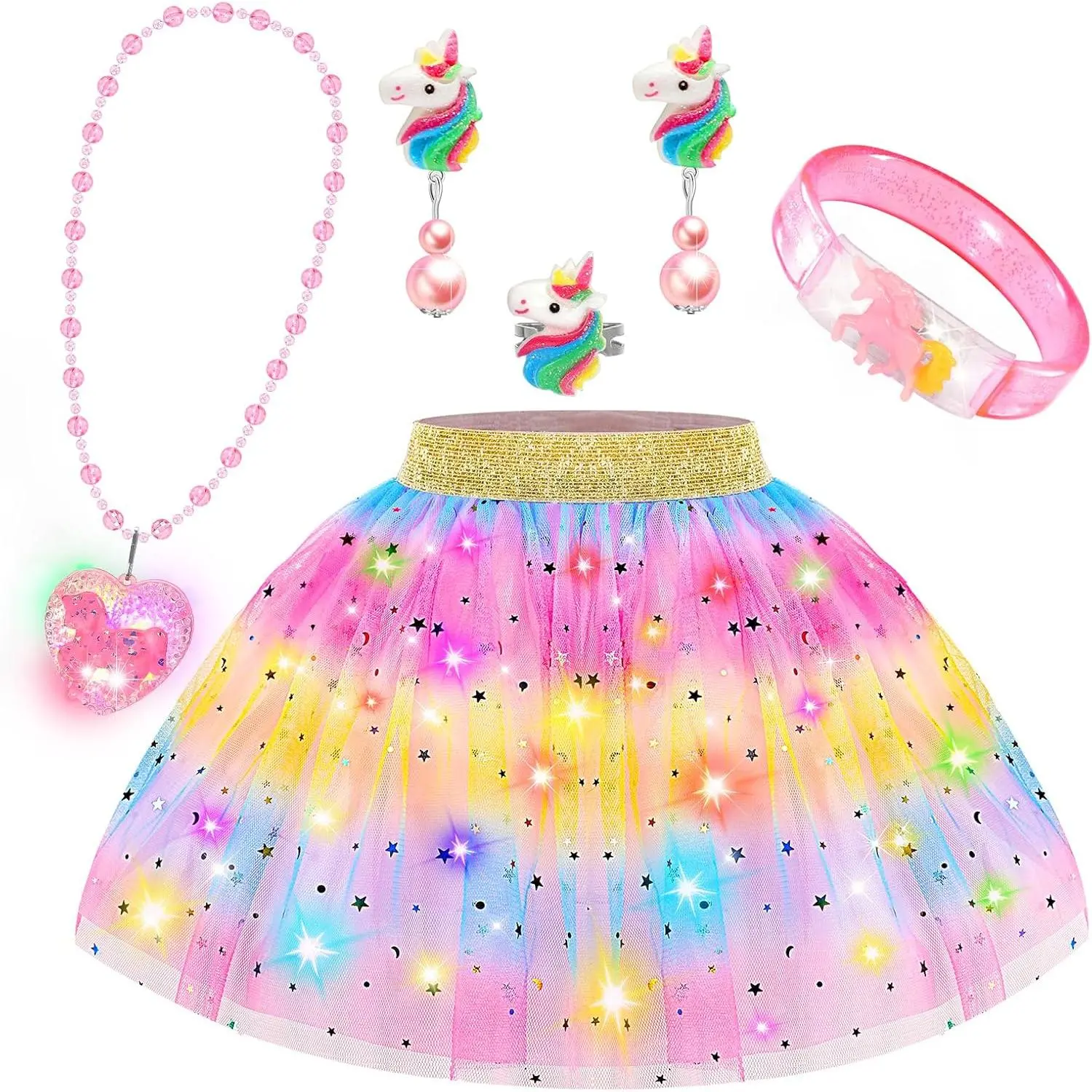 Toddler Girl LED Lights Princess Polyester Costume - Rainbow Tulle Sequined Dress with Elastic Waist, Buttons, 1 Unicorn Jewelry Set, for 3-4/5-6 Years Pretend Play, Cold Wash, Valentines Day Kids' Fashion Gift