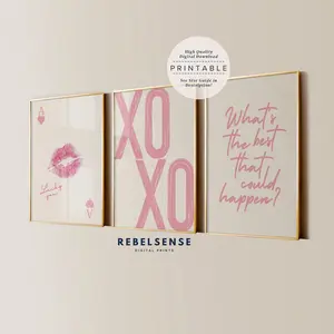 Pink & Blue Lucky You Set Of 3 Prints, XOXO Aesthetic Posters, Funky Wall Art, Lips Kiss Posters, Apartment Decor, Preppy Room Decor, Dopamine Décor