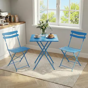 Bistro Table and Chairs Set of 2, 3-Pieces Patio Bistro Set, Folding Design, No Assembly Need, Outdoor/Indoor Outdoor Patio Furniture Set for Balcony Yard Garden, Blue