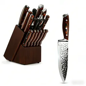 15-Piece Kitchen Knife Set with Wooden Self-Sharpening Block – High Carbon Japanese Stainless Steel Chef and Steak Knives Holiday Gift