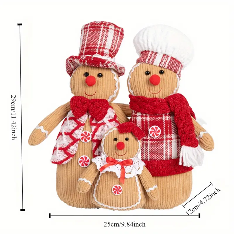 2025 Handcrafted 3pcs Gingerbread Family Set - Festive Red & White Holiday Decor, Perfect for Thanksgiving & Christmas, Indoor Table Centerpiece, Polyester Material, No Power Needed, Christmas Table Decorations