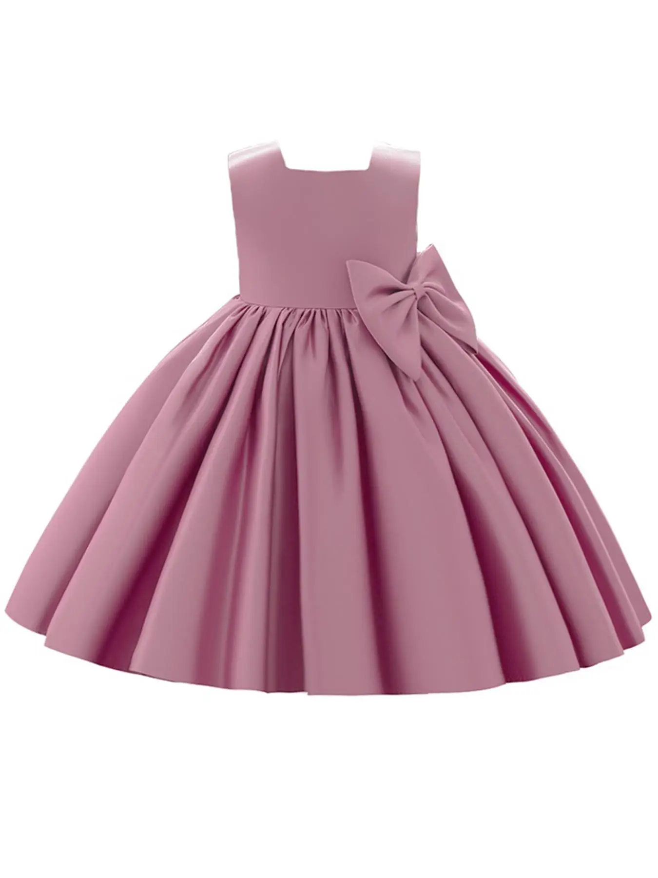 Girl's Solid Big Bow Decor Plicated Satin Dress, Elegant Formal Square Neck Princess Dress for Party Banquet Performance, Kids Clothes for All Seasons