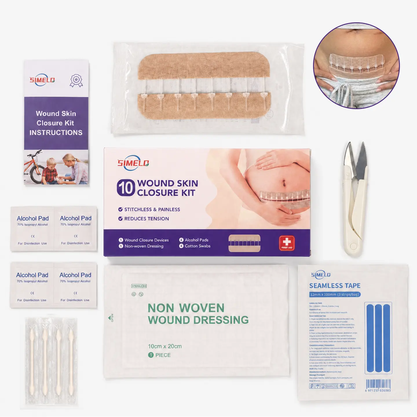 SIMELO Hypoallergenic Skin-Friendly Wound Skin Closure Kit (10-Piece Set) - Zip Design with 1 Strip, 8 Adjustment Locks, Unidirectional Zip Tension, Pain-Free Stitchless Alternative, Basic First Aid for Minor Cuts