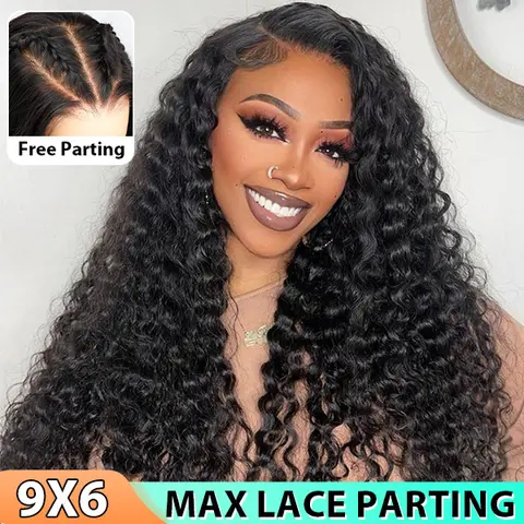 CurlyMe Wear Go Glueless Water Wave Hair Pre bleached Knots 9x6 Pre cut HD Lace Front Wigs Pre plucked Natural Black