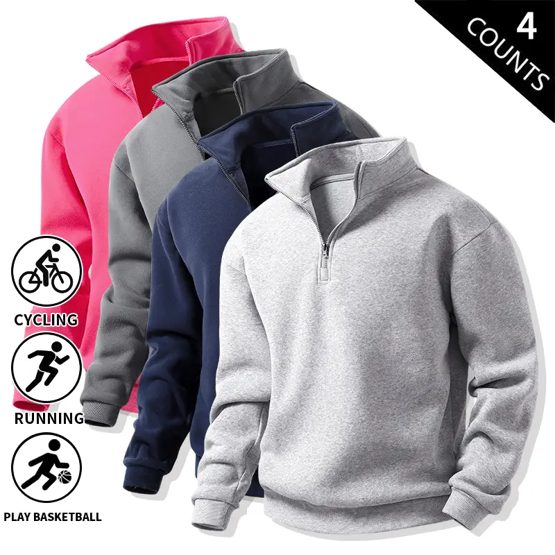 4-Pack Men’s Quarter-Zip Pullover Sweatshirts, Loose Fit, Stand Collar, Long Sleeves, Soft Athletic Shirts for Running, Basketball, Cycling, and Everyday Streetwear