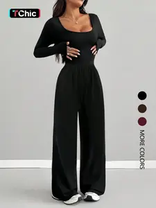 Women's Fashion Solid Color Wide Leg Jumpsuit, All-Season Casual Minimalist Everyday Wear, Comfortable and Stylish, Perfect for Daily