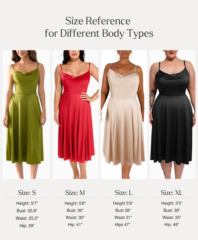 Popilush Satin Cowl Neck Spaghetti Strap Midi Swing Dress - Casual Breathable Elastic Fabric for Everyday Womenswear Feminine Adjustable Mesh