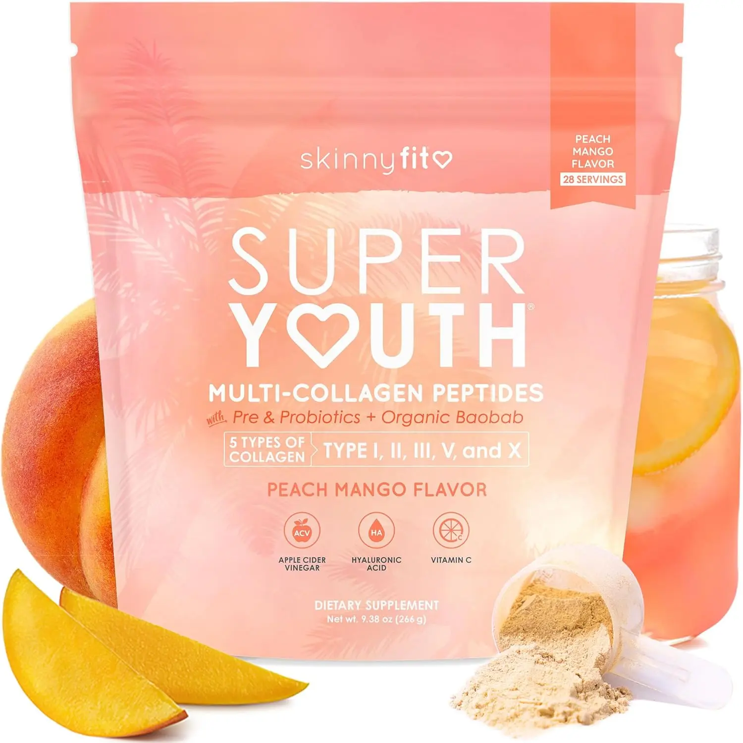 SkinnyFit - Super Youth Collagen for Women - Multi Collagen Peptides Powder - Probiotics, Fiber, Hyaluronic Acid -  Non GMO, Gluten Free, Sugar Free - Beauty & Self Care - Peach Mango (28 Servings)