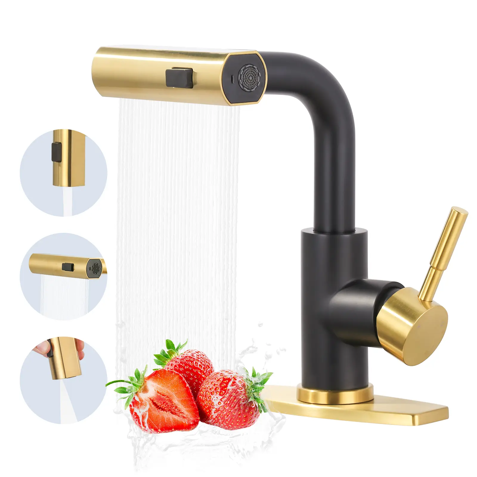 WOWOW Single Hole Pull-Out Waterfall Bar Sink Faucet with Faucet Sprayer Attachment, 3 Water Modes, 360-Degree Swivel Spout, cUPC Supply Lines, Black Gold Finish, for Small Kitchens Wet Bars, Waterfall Kitchen Faucet