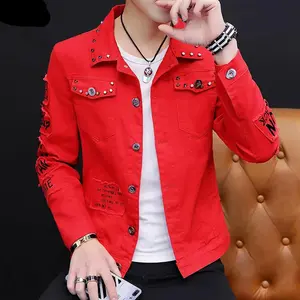Men's Slim-Fit Solid-Color Long-Sleeve Denim Coat - Casual Single-Breast Rivet-Trimmed Outerwear for Spring-Autumn Versatile Style, Coats