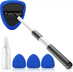 Windshield Cleaner Tool Car Window Cleaning Supplies with Extendable Handle Include 4 Washable Microfiber Bonnets 1 Empty Spray Bottle Glass Wiper Kit Cleaning Kit Universal for Office and Home
