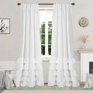2Panels French Style Romantic Curtains, Multi-Layer Ruffled Design, Half-Privacy Panels for Bedroom & Living Room Decor, Natural Home Decoration