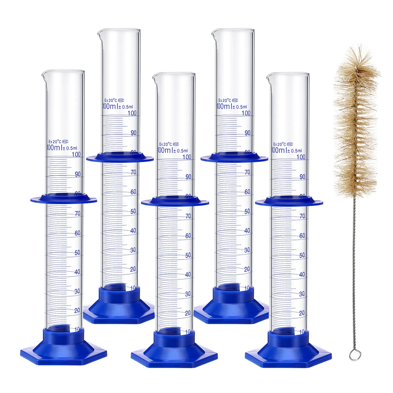 5PCS Shatterproof 2mm Thick Heat-Resistant Glass Graduated Cylinder Set - 100mL Lab Cylinders with Blue Base, Built-In Brush & Plastic Components for Chemistry Experiment Accurate Measurement (Laboratory Users)