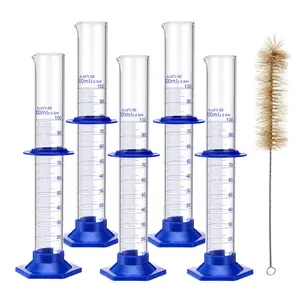 Graduated Cylinder Set 5PCS 100ML Thick Glass Lab Cylinders with Blue Base and Cleaning Brush for Accurate Measurement