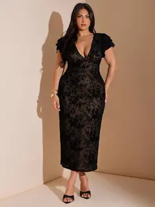 BAE Plus Size Floral Mesh Bodycon V-Neck Maxi Dress – Elegant Long Curve-Hugging Dress for Dates, Daily Wear, Parties & Wedding Guest