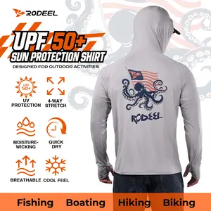 【RODEEL】938 Fishing Hoodie Shirts w/ Mask Neck Gaiter Thumbhole Men UPF 50+ UV Protection Long Sleeve Breathable Lightweight Quick Dry Moisture Wicking Cooling Activewear for Outdoor Fishing Boating Hiking Construction Roofing Gardening Tree Service