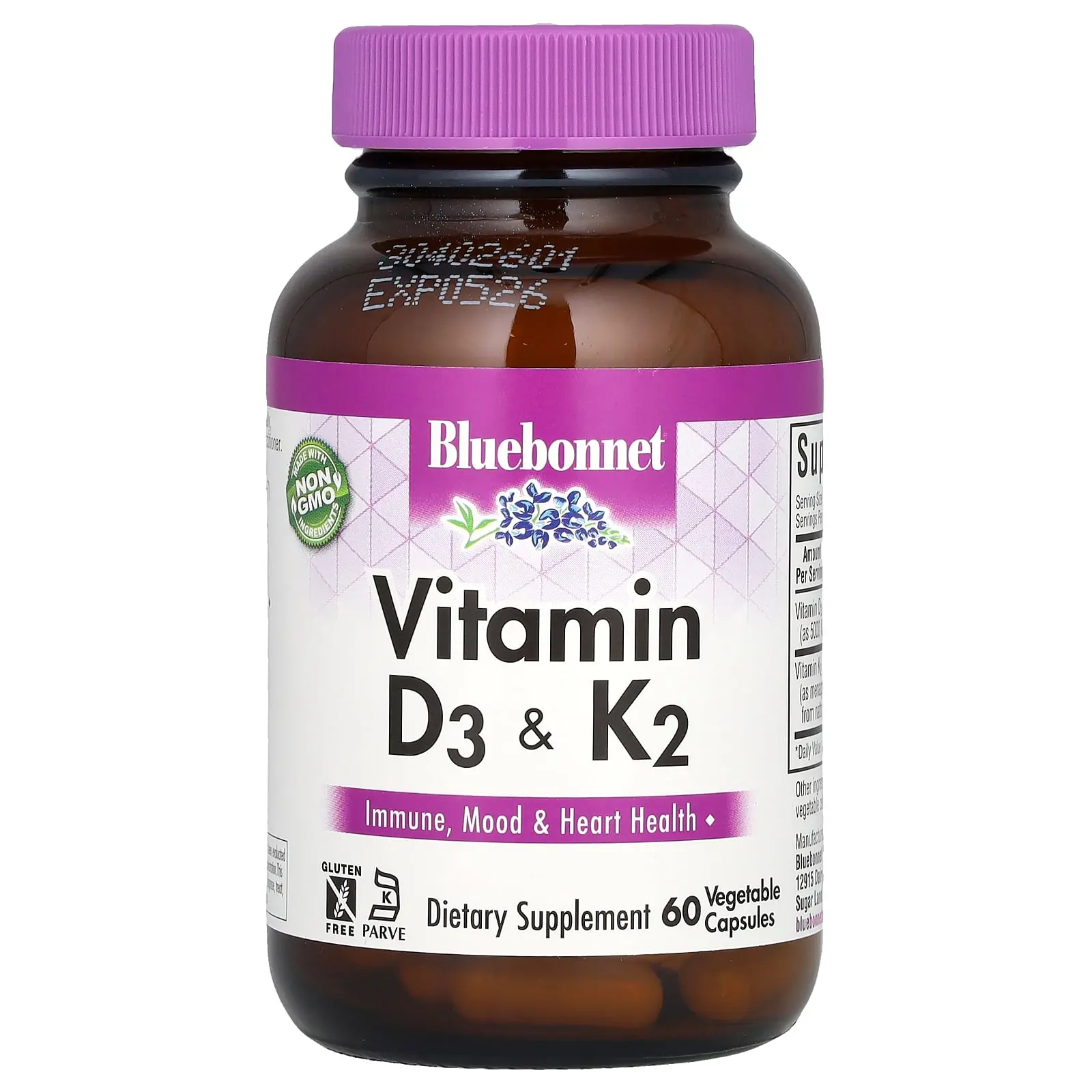 Bluebonnet Nutrition Vitamin D3 & K2, 60 Vegetable Capsules Bluebonnet Nutrition Vitamin D3 & K2, 60 Vegetable Capsules