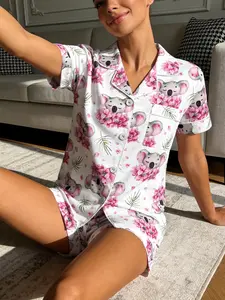 Women's Short Sleeve Shorts Cardigan Pajama Set, Base Flower Koala Full Print, Cute Homewear Two-Piece Suit