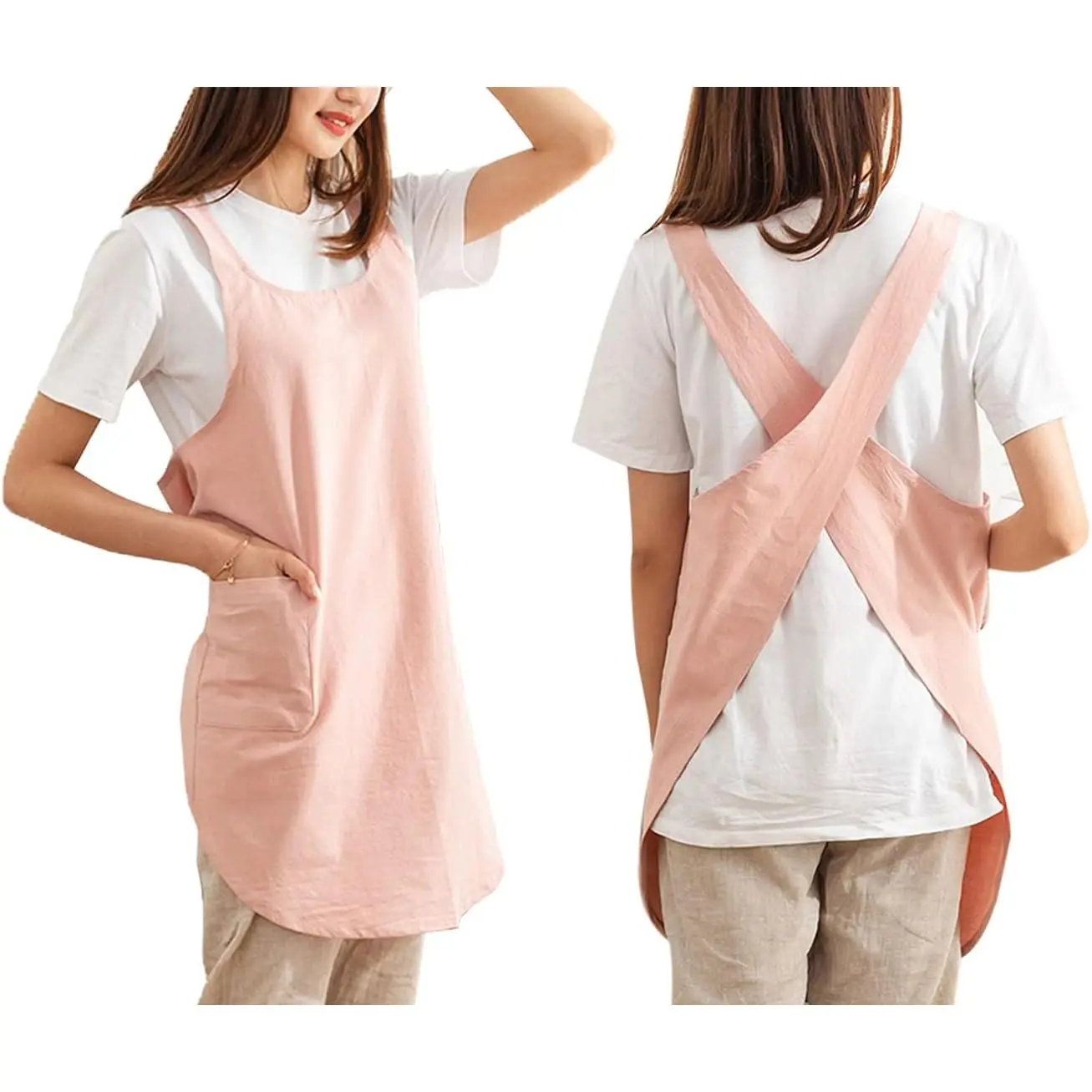Cotton Cross  Aprons Solid Color Cooking Garden Smock for Women Girls with Pockets