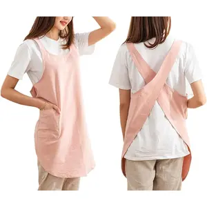 TRAIL RECKONING Cotton Cross  Aprons Solid Color Cooking Kitchen Garden Smock for Women Girls with Pockets