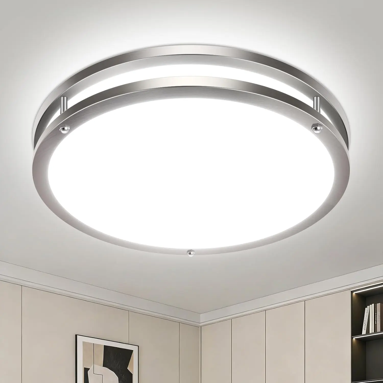16-Inch Industrial Brushed Nickel Dimmable LED Flush Mount Ceiling Light, Mesla Lighting 24W 3000K-5000K Adjustable Round Slim Fixture, 1.9-Inch Thick Lightweight IP44 Line Voltage Water-Resistant Plastic, for Kitchen, Laundry Rooms -1 Pack