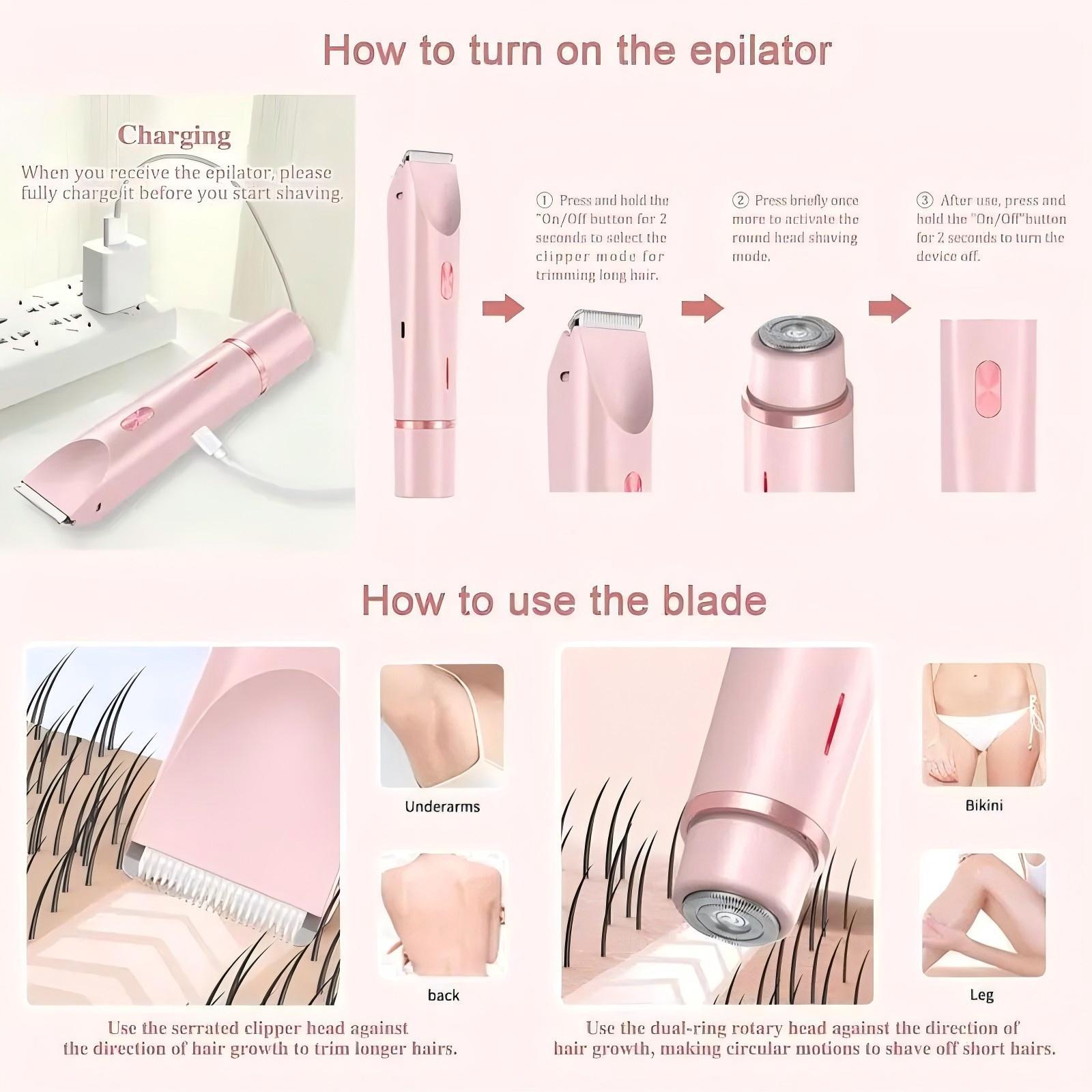 Women's Rechargeable 2-in-1 Electric Trimmer & Bikini Trimmer - IPX7 Waterproof Dual Heads, Painless Grooming for Body, Face, Underarms, Legs, Biknini Trimmer