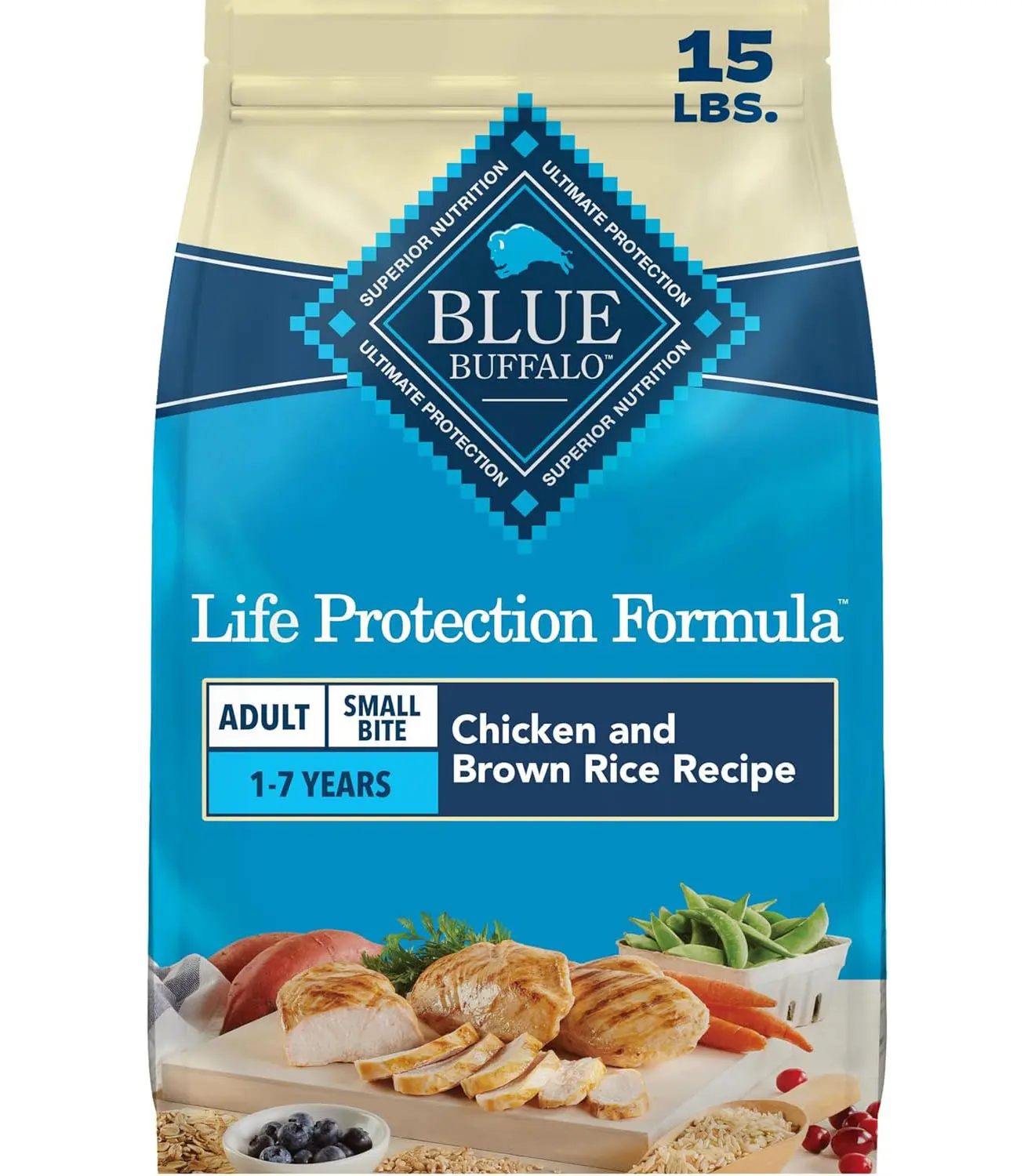 Blue Buffalo Life Protection Formula Chicken & Brown Rice Small Bite Adult Dry Dog Food, Supports Immunity with Antioxidant-Rich LifeSource Bits, Promotes Healthy Muscles, Skin & Coat Health, 15 lbs.