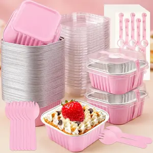 50 Pcs 5oz Disposable Aluminum Foil Square Brownie Cups with Lids, Baked Mini Cake Pans for Baking, Birthday Party Dessert Serving & Easy Packing, Kitchen Bakeware Utensils
