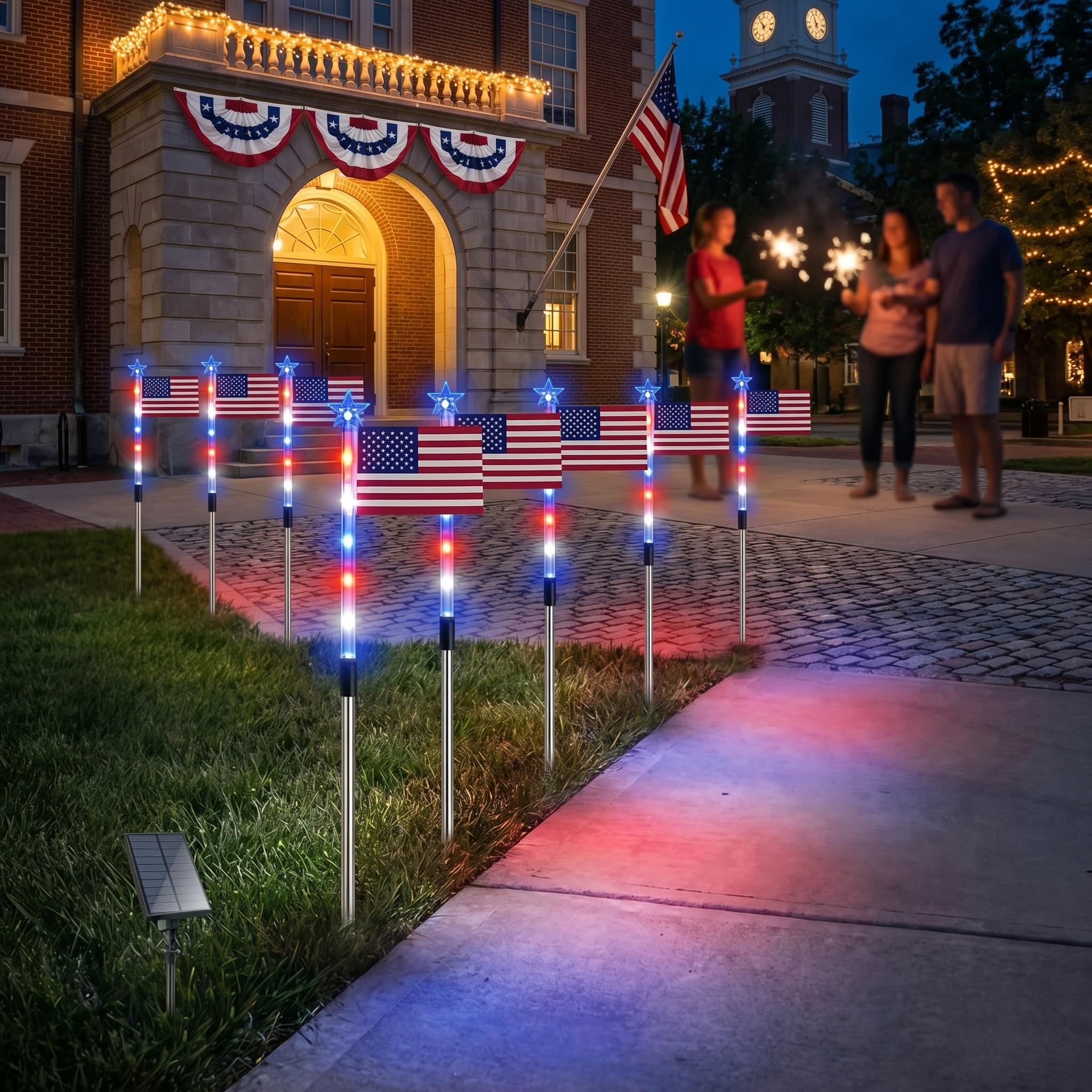 8-Piece Flag Light Set, 4th of July Decorations 8 Lighting Modes, 8-in-1 American Flag Solar Lights, Memorial Day Decorations Featuring Red, White, and Blue Lights for Independence Day Pathway Garden Decorations Yard Pathway