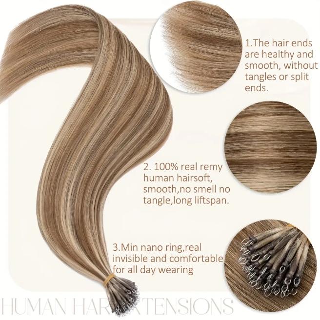 12-28 Inch 100% Remy Human Hair Extensions, Nano Tip Micro Nano Rings Cold Fusion, 50pcs 30g, Thick Smooth No Shedding No Tangle for Women