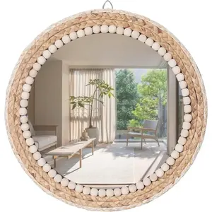 OYPEIP 12" Nature Rattan Boho Innovative Art Decoration Round Makeup Mirror Dressing Bedroom Bathroom Wall Mounted Hanging Mirrors Craft Photo Props-2026